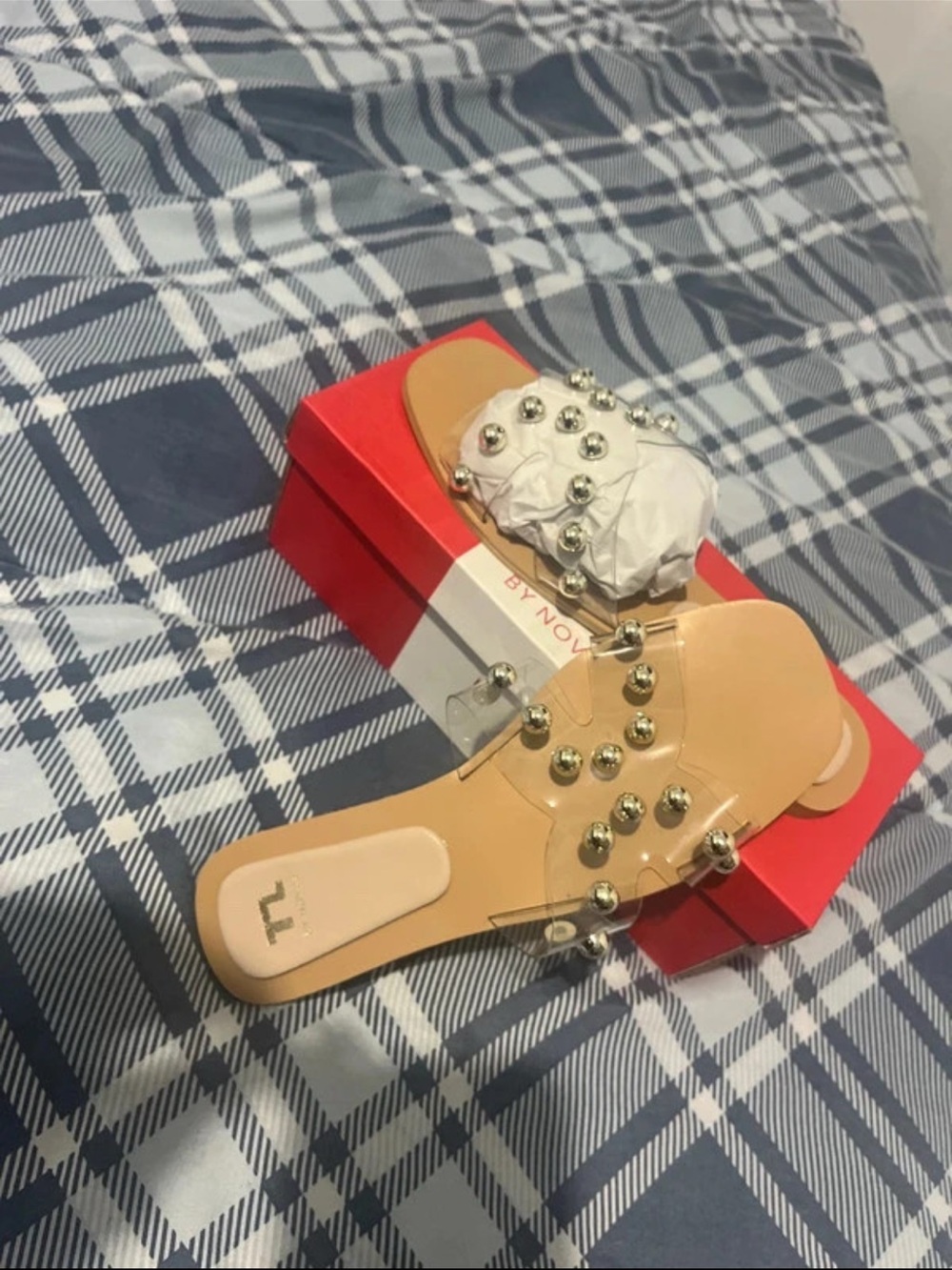 Clear Studded Slide Sandals in Nude